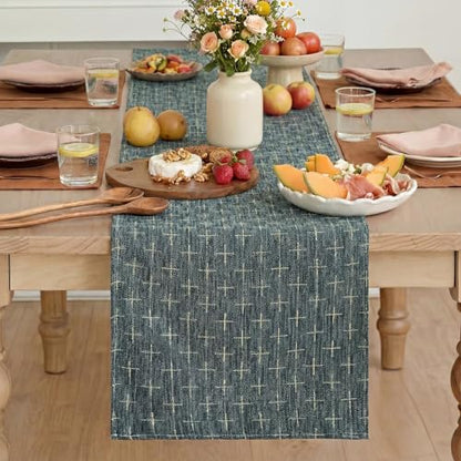 Navy Blue Cross-Star Textured Table Runner 13x60 Inch Waterproof Rustic Dining Decor