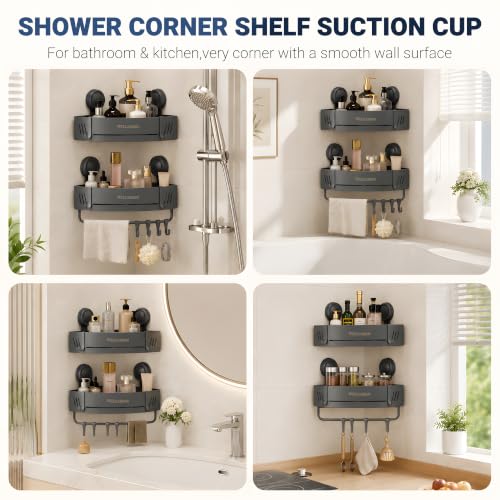 2-Pack Shower Caddy Corner Suction Cup Towel Rack with Bar & Hooks - Gray