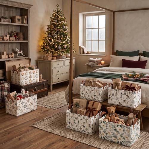 Christmas Storage Baskets Set of 6 Collapsible Cotton Gift Bins Beige Natural