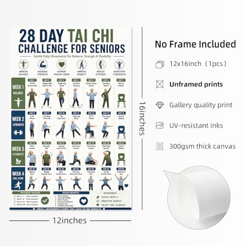Tai Chi Walking Workout Poster - 28 Day Exercise Wall Art for Seniors & Adults - Unframed 12x16 Inches