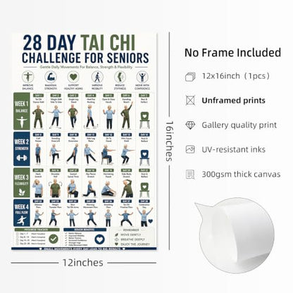 Tai Chi Walking Workout Poster - 28 Day Exercise Wall Art for Seniors & Adults - Unframed 12x16 Inches