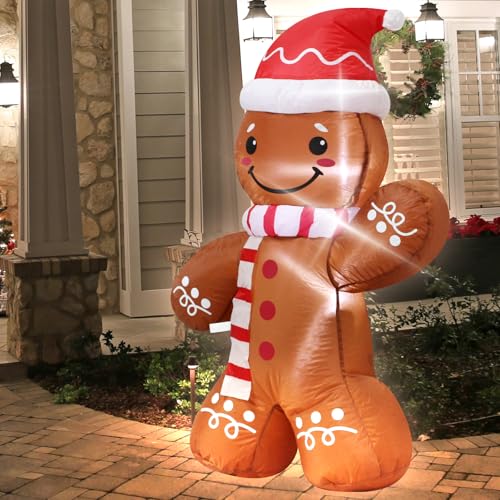 4 ft Inflatable Gingerbread Man Christmas Decoration with Santa Hat & LED Lights