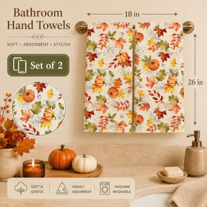 Autumn Hand Towels Set of 2 - Pumpkin and Maple Leaf Rustic Design, Orange Yellow