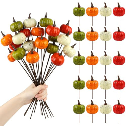 Mini Artificial Pumpkins with Bendable Stems - Fall Decor Set of 20