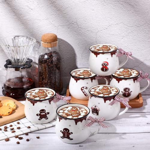 Gingerbread Christmas Coffee Mug Set - 6 Ceramic 12oz Hot Cocoa Cups