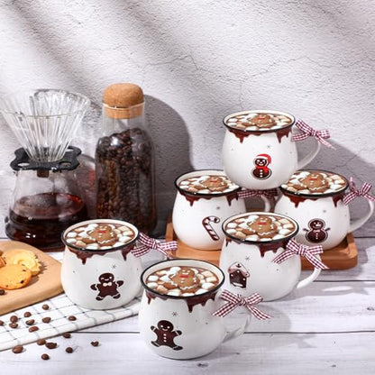 Gingerbread Christmas Coffee Mug Set - 6 Ceramic 12oz Hot Cocoa Cups