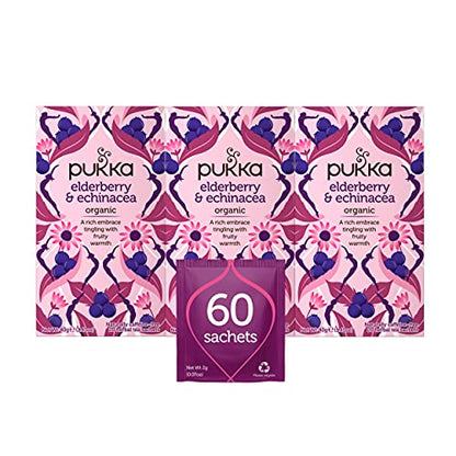 Pukka Organic Tea Bags, Elderberry & Echinacea Herbal Tea, Perfect for Wellness Support, 20 Count (Pack of 3) 60 Tea Bags