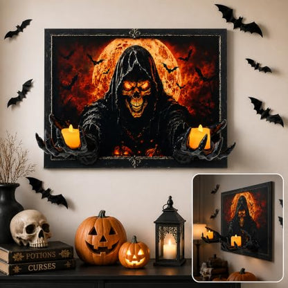 Halloween 3D Grim Reaper Wall Decor with LED Candles and Bats - Indoor Haunted House Gothic Wall Art