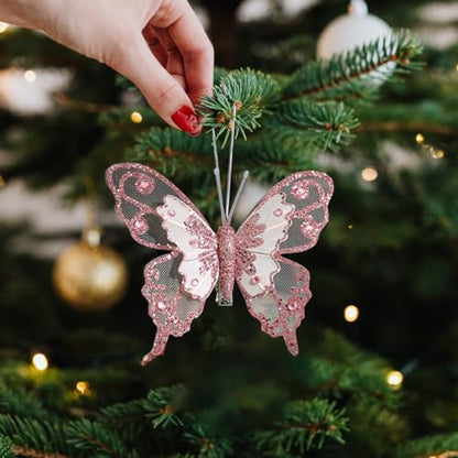 Glitter Butterfly Christmas Tree Ornaments 3-Pack with Clips - Golden Holiday Decor