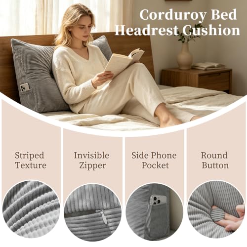 Twin Bed Backrest Pillow with Support & Side Pocket - Grey