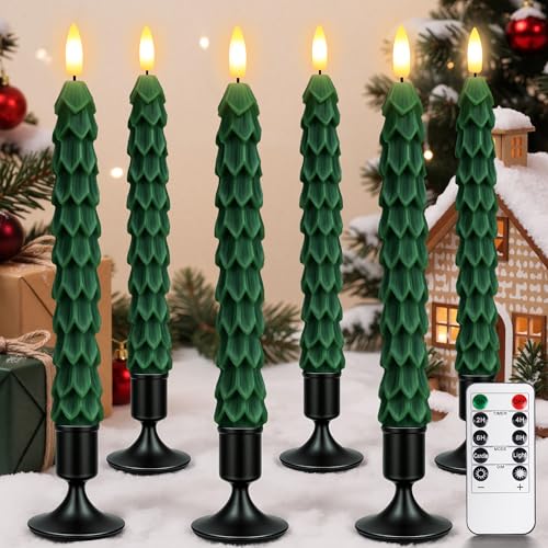 Christmas Tree Candles with Remote & Vintage Metal Holders - 6 Pack