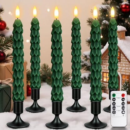 Christmas Tree Candles with Remote & Vintage Metal Holders - 6 Pack