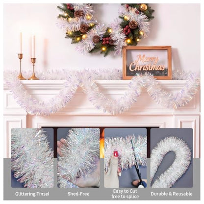 Rainbow White Iridescent Christmas Tinsel Garland 33FT for Holiday Decor