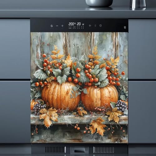 Autumn Harvest Pumpkins Magnetic Dishwasher Door Cover - 23 x 26 Inches, Fall Red Fruits Design