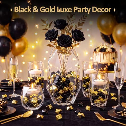 DomeStar Black and Gold Acrylic Ice Rocks Vase Filler 150PCS - Elegant Party Decor