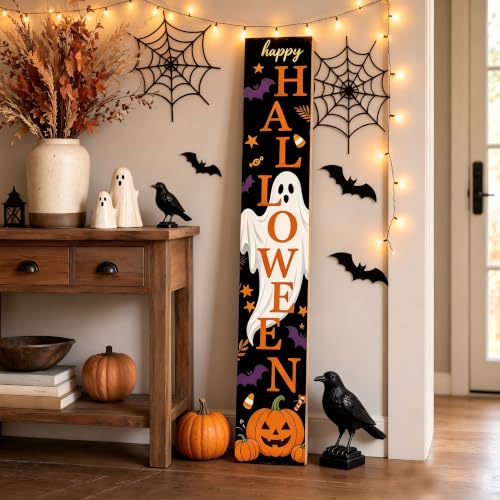 Happy Halloween Ghost Pumpkin Porch Sign 47 Inch Rustic Welcome Sign Black