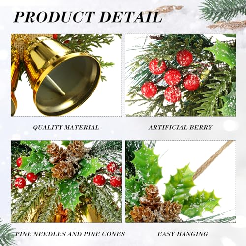 Christmas Bell Hanging Ornaments Set - Gold Rustic Metal Decor with Berries, 8.7" - 2 Pieces