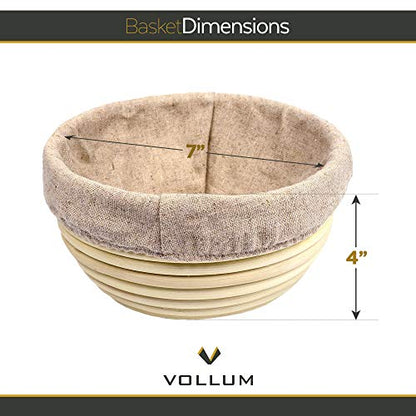 Vollum Bread Proofing Basket Banneton Baking Supplies for Beginners & Professional Bakers, Handwoven Rattan Cane Bread Maker with Linen for Artisan Breads, 7 x 4 Inch, 0.5-Pound Round Brotform