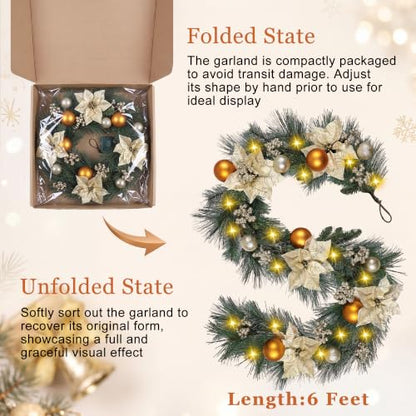 6ft Christmas Garland with Lights - Natural Pine Branches, Berries & Poinsettias - Style3