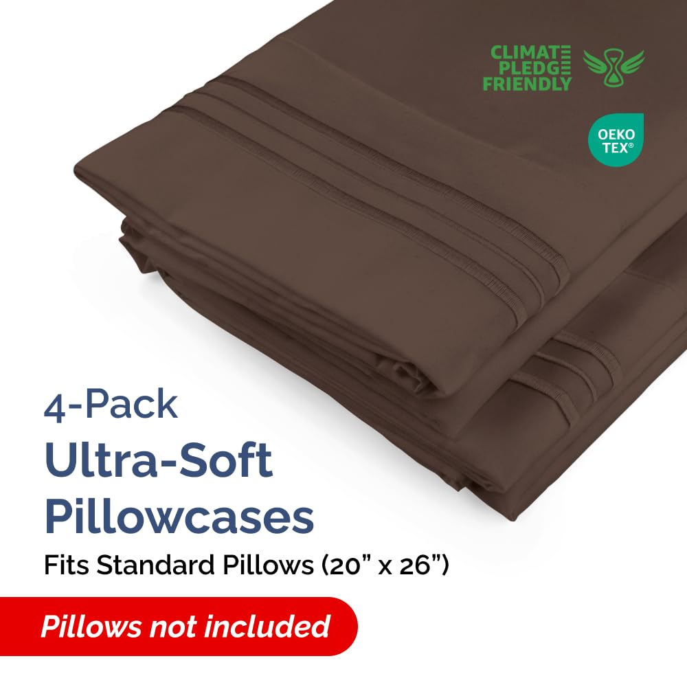 Standard Pillow Cases Set of 4 - Ultra Soft Hotel Quality Pillowcase Covers - Comfy Cozy Bedding for Women, Men, Kids & Teens - Machine Washable Pillow Protectors - 4 Piece Set - Standard Size Brown