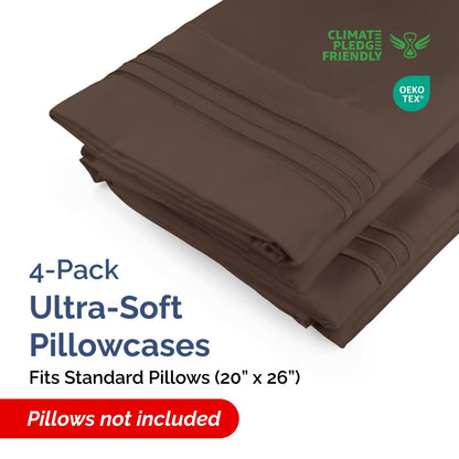 Standard Pillow Cases Set of 4 - Ultra Soft Hotel Quality Pillowcase Covers - Comfy Cozy Bedding for Women, Men, Kids & Teens - Machine Washable Pillow Protectors - 4 Piece Set - Standard Size Brown