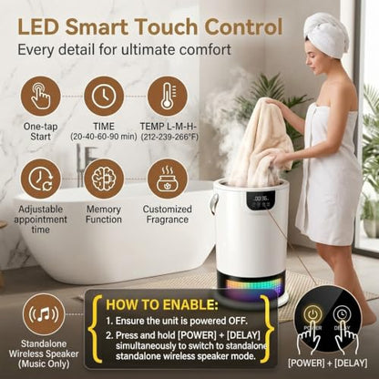 White Towel Warmer Bucket with Wireless Speaker - Fast Heating Bathroom Accessory