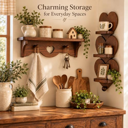 Wooden Heart Wall Shelf Set with Hooks and 3-Tier Display for Bedroom Entryway