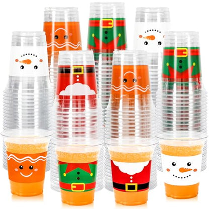 Christmas Disposable Plastic Cups 12oz with Santa Elf Snowman Gingerbread Design 100 Pack