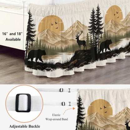 Queen Size Bear Deer Mountain Bed Skirt 16-Inch Drop Rustic Black Brown