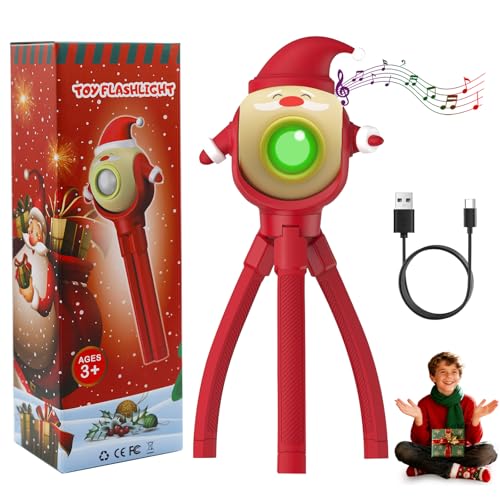 Kids Christmas Santa LED Flashlight with 8 Color Modes & Songs - Foldable Octopus Stand, Holiday Gift