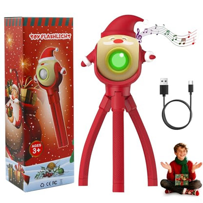 Kids Christmas Santa LED Flashlight with 8 Color Modes & Songs - Foldable Octopus Stand, Holiday Gift