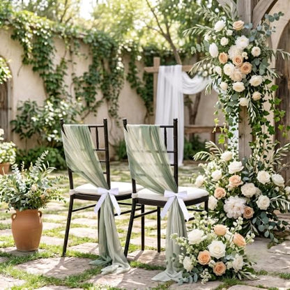 16 Pack 8ft Sage Green Wedding Chair Sashes with Bow Ties - Aisle Decor