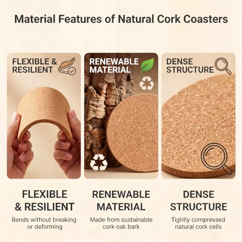 Round Personalized Cork Coasters - Custom Laser Engraved Logo, Name or Text, 4 Inch Set for Weddings & Events
