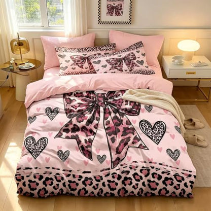 Pink Leopard Queen Duvet Cover Set with Bow & Heart Design - 3 Piece Bedding