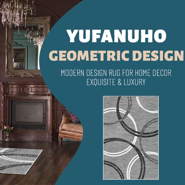 YUFANUHO Modern Grey Area Rugs for Living Room, 6x9 Feet Large Faux Wool Carpet with Abstract Circles Line Design for Bedroom, Machine Washable Non-Slip Wool Rugs 6'x9', Grey/Black/White