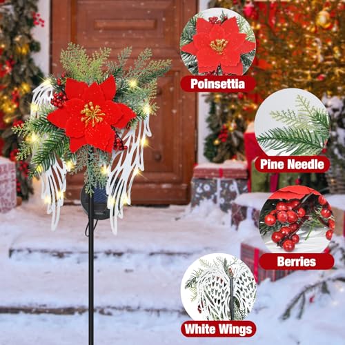 Red Solar Christmas Lights Outdoor Decorations Angel Wings Poinsettia Stakes - Waterproof Garden Pathway Yard Lawn