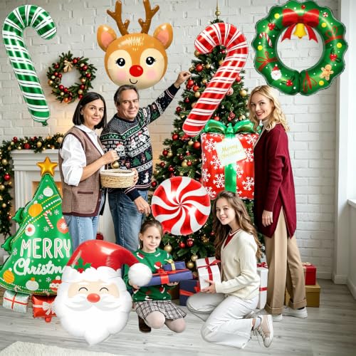 8Pcs Christmas Foil Balloons Set Reindeer Tree Santa Gift Wreath Candy Canes Indoor Holiday Decor