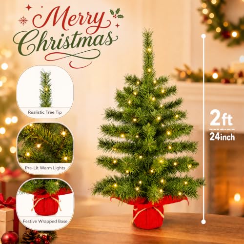 2ft Pre-Lit Artificial Mini Christmas Tree with Warm White LED Lights