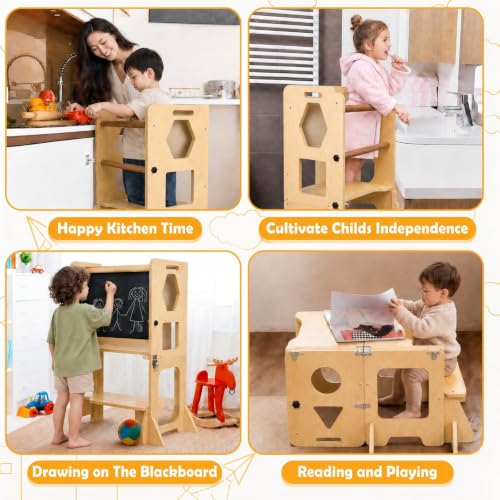 4-in-1 Toddler Standing Tower with Blackboard and Safety Bar - Kids Learning Stool