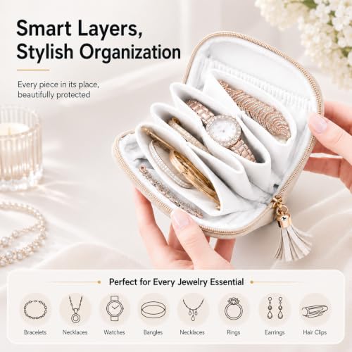 Small Travel Jewelry Case Beige Soft Leather Velvet Lined Organizer Pouch