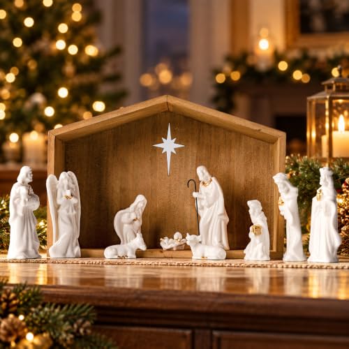 White Ceramic Nativity Set with Wooden Stable - 11 Piece Christmas Scene