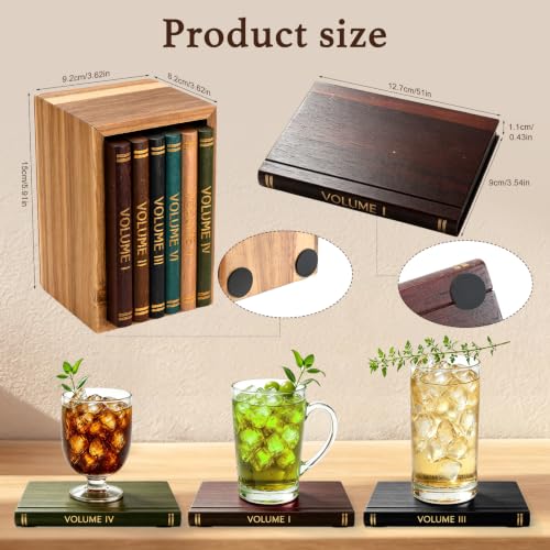 Book Coasters Set of 6 - Wooden Literary Drink Coasters with Stand