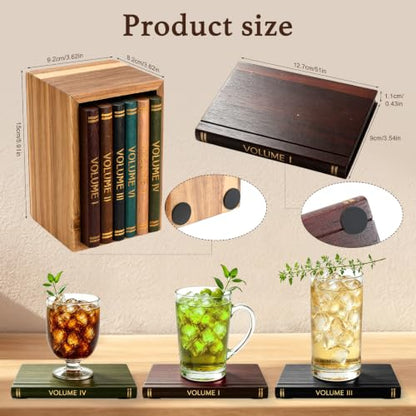 Book Coasters Set of 6 - Wooden Literary Drink Coasters with Stand