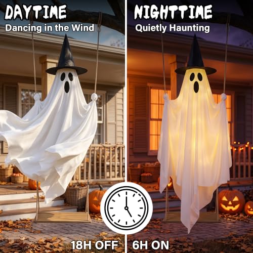 Halloween Outdoor Swinging Ghost Decor - 5.1FT Spooky Hanging Ghost with Lights