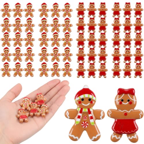 Mini Resin Gingerbread Man Charms Flat Back Christmas Decoration Bow - 60 Pcs