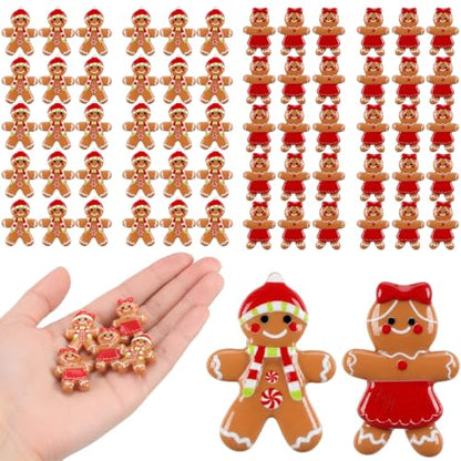 Mini Resin Gingerbread Man Charms Flat Back Christmas Decoration Bow - 60 Pcs