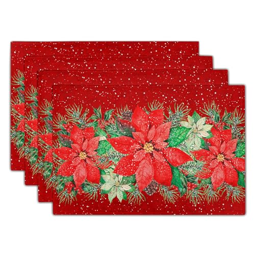 Red Poinsettias Placemats Set of 4 - 12 x 18 Inch Winter Holiday Table Decor