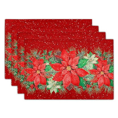 Red Poinsettias Placemats Set of 4 - 12 x 18 Inch Winter Holiday Table Decor