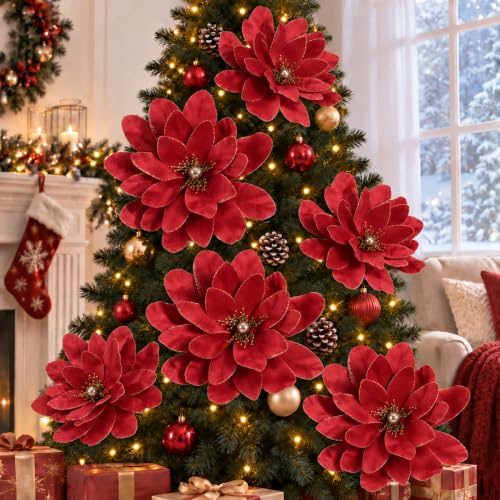 Artificial Christmas Poinsettia Flower Set - Red & Gold, 16 & 12 Inch