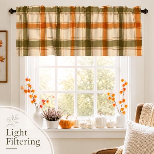 Fall Plaid Window Valance Curtains 54x18 Inch - Orange Green Checkered Farmhouse Style